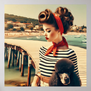  retro glamour meisje met poedel poster