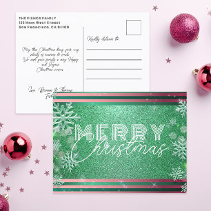 Retro Glanzend Roze Groen Glitter Prettig Kerstmis Feestdagenkaart