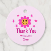 Retro Glimlachende Roze Bloem Verjaardag Bedankt Bedankjes Labels (Voorkant)