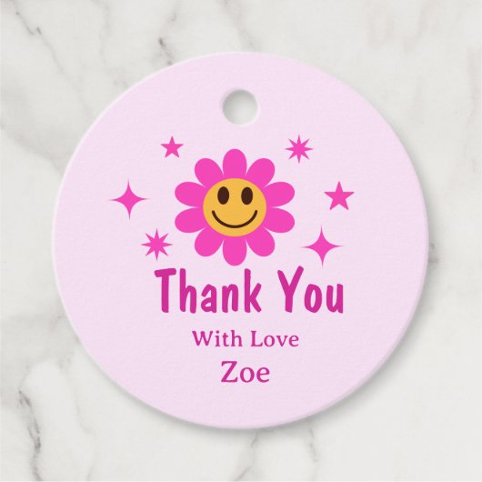 Retro Glimlachende Roze Bloem Verjaardag Bedankt Bedankjes Labels (Voorkant)