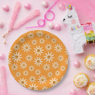 Retro glimlachende witte bloemen Patroon Papieren Bordje