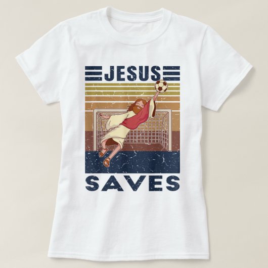 Retro Goalkeeper Jesus Saves Soccer Goal T-shirt (Design voorkant)