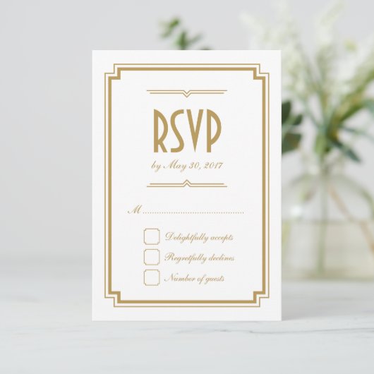 Retro Gold Art Deco Lijst White Wedding RSVP Kaart (Staand voorkant)