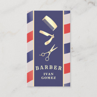 Retro  Gold Barber Tools Red Blue Discount Visitekaartje