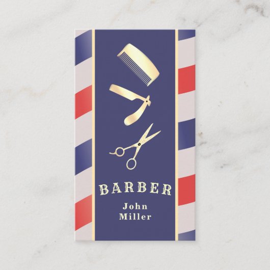Retro Gold Barber Tools Red Blue White Visitekaartje (Voorkant)