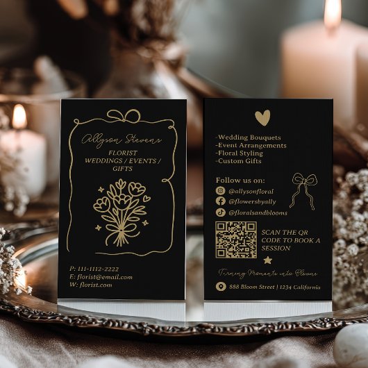 Retro Gold Black Doodles Florist Artist QR Code Visitekaartje