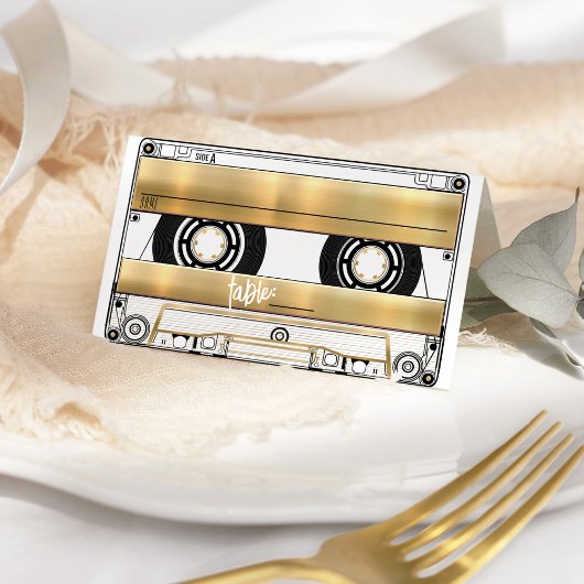 Retro Gold Cassette Tape Wedding Folded Place Card Plaatskaartje