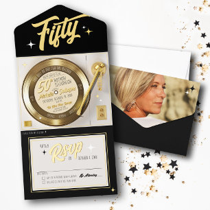 Retro Gold Foil Vinyl Record 50ste verjaardagsfees All In One Uitnodiging