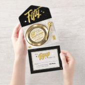 Retro Gold Foil Vinyl Record 50ste verjaardagsfees All In One Uitnodiging (Uittrekbaar)