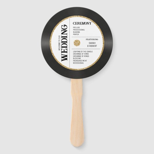 Retro Gold Glitter Vinyl Record Bruiloft Programma Handwaaier (Voorkant)