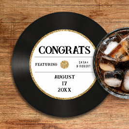 Retro Gold Glitter Vinyl Record Congrats Bruiloft Ronde Kartonnen Onderzetter