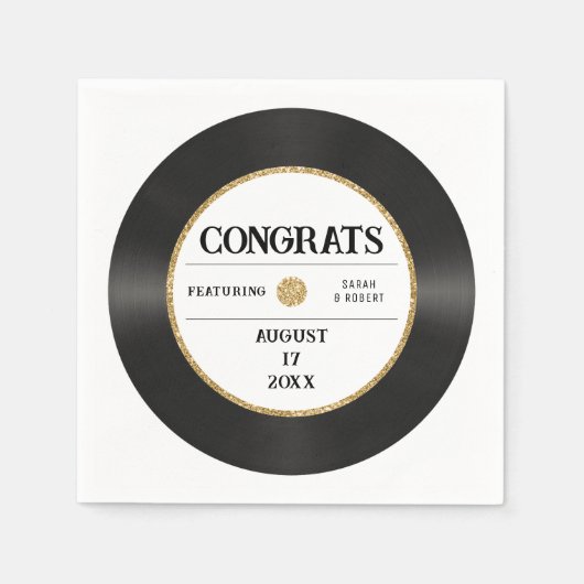 Retro Gold Glitter Vinyl Record Congrats Bruiloft Servet (Voorkant)