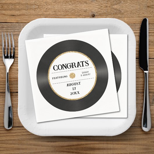 Retro Gold Glitter Vinyl Record Congrats Bruiloft Servet