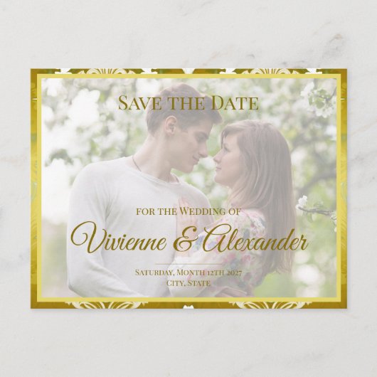 Retro Gold Green Damask Save the Date Announcement Aankondigingskaart (Voorkant)
