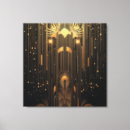 Retro Gold Rain on Black Art Deco Canvas Afdruk