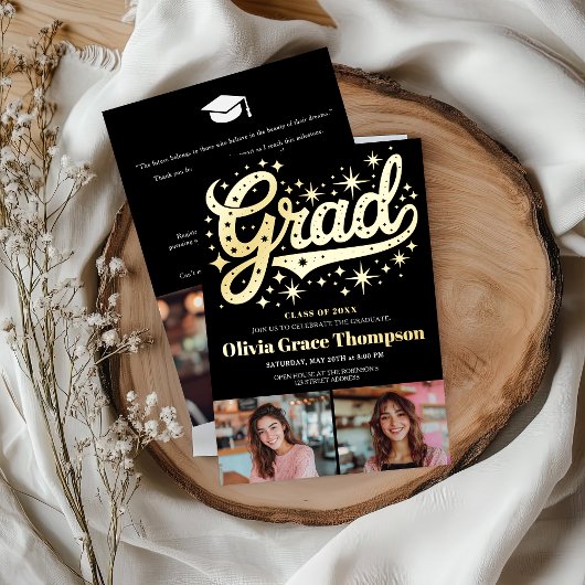 Retro Gold Script Stars 3-foto afstudeerfeest Folie Uitnodiging