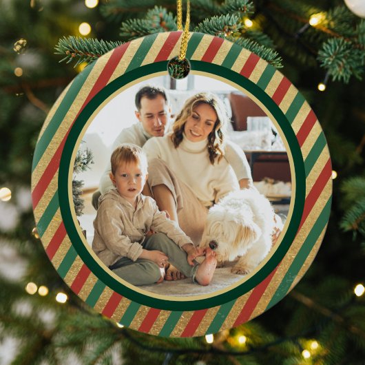 Retro Gold Stripes Familiefoto Vrolijk Kerstfeest Keramisch Ornament