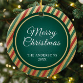 Retro Gold Stripes Familiefoto Vrolijk Kerstfeest Keramisch Ornament