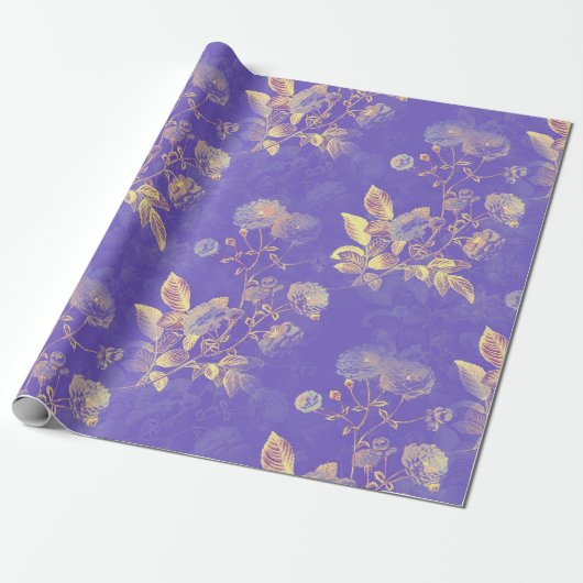 Retro Golden Flowers op Paarse Cadeaupapier (Uitgerold)