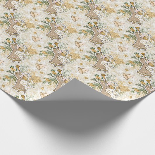 Retro  Golden Kerstengel en Horn Cadeaupapier (Hoek)