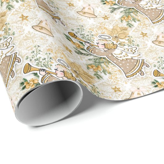 Retro  Golden Kerstengel en Horn Cadeaupapier (Rol Hoek)