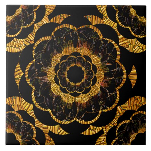Retro  Golden Mandala Flower Black en Gold Tegeltje (Voorkant)