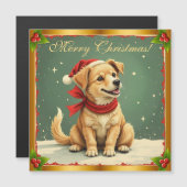 Retro Golden Retriever Puppy Christmas Card Magnet (Voorkant / Achterkant)