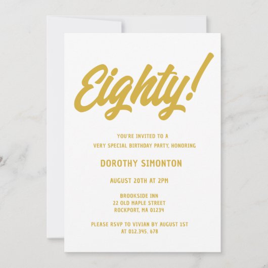Retro Golden Script 80th Birthday Party Invitation Kaart (Voorkant)