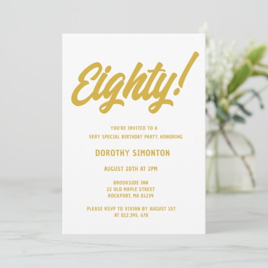 Retro Golden Script 80th Birthday Party Invitation Kaart (Staand voorkant)