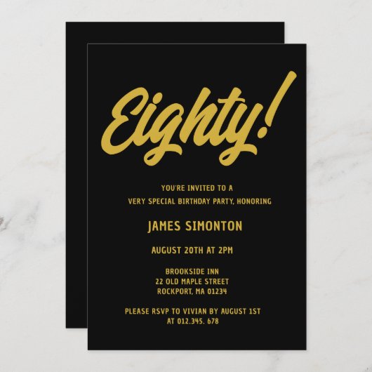 Retro Golden Script 80th Birthday Party Kaart (Voorkant / Achterkant)