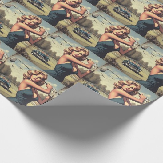 Retro Golf Meisje Cadeaupapier (Hoek)