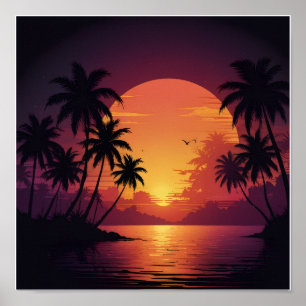 retro golf zonsondergang met palmbomen poster
