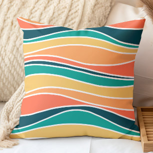 Retro Golflijnpatroon Teal, Oranje, Geel Kussen