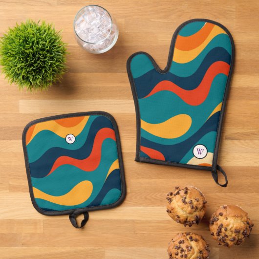 Retro Golfpatroon Modern Abstract Ovenwant & Pannenlap Set (Top down)
