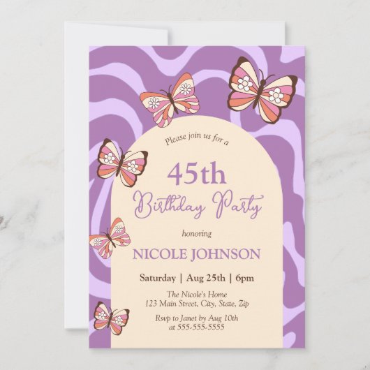 Retro golfpatroon vlinder Beige Paarse Verjaardag Kaart (Voorkant)
