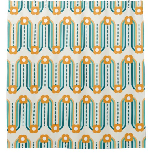 Retro golven en bloemen, Blauwgroen, Aqua, Sinaasa Douchegordijn (Voorkant)