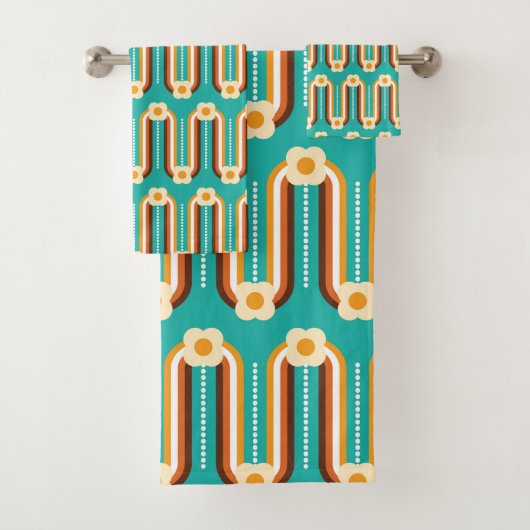 Retro golven en bloemen, Blauwgroen, Sinaasappel, Bad Handdoek (Insitu)