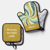 Retro golvend blauw en gouden kleurenpatroon ovenwant & pannenlap set (Voorkant / Achterkant)