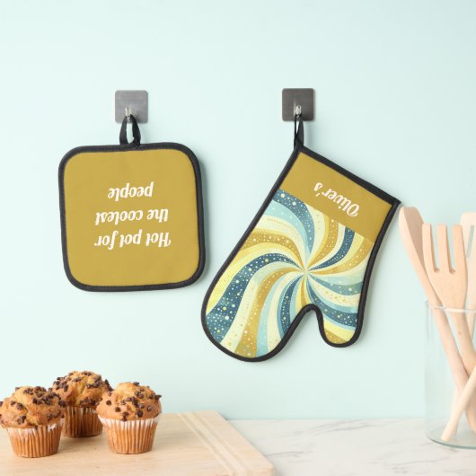 Retro golvend blauw en gouden kleurenpatroon ovenwant & pannenlap set (Insitu(Ophanging))