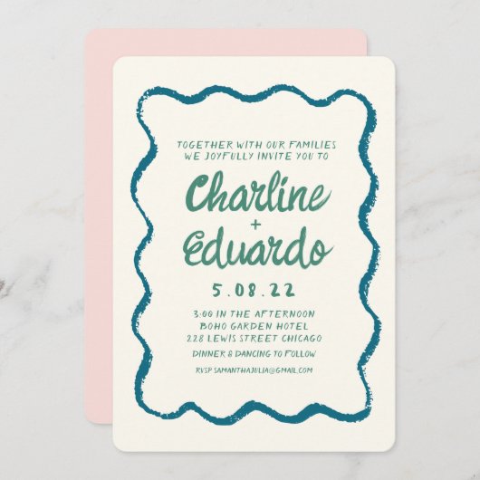 Retro golvend blauw en groen handschrift bruiloft kaart (Voorkant / Achterkant)