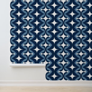 Retro golvend blauw en wit streeppatroon behang