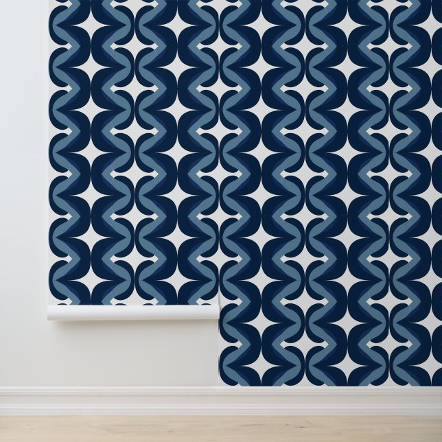 Retro golvend blauw en wit streeppatroon behang (Applicatie)