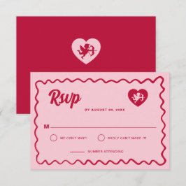 Retro Golvend Kader Rood Roze Cupido Hart Trouwen RSVP Kaartje