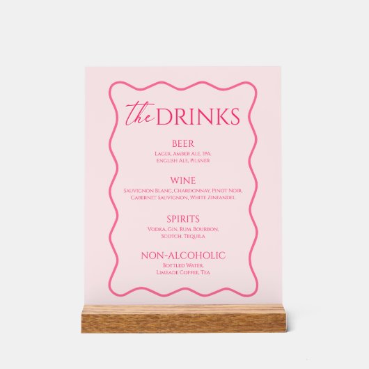 Retro Golvend Roze Drankmenu Bar Acryl Bord (Voorkant)