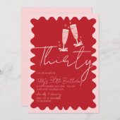 Retro golvend roze rood 30ste verjaardagsfeestje kaart (Voorkant / Achterkant)