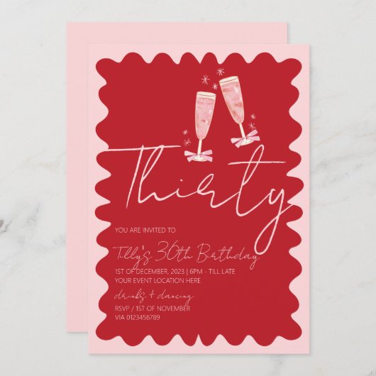 Retro golvend roze rood 30ste verjaardagsfeestje kaart (Voorkant / Achterkant)