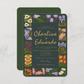 Retro golvende bloemige kleurrijke bruiloft uitnod kaart (Voorkant / Achterkant)