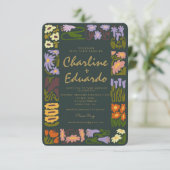 Retro golvende bloemrijke kleurrijke trouw uitnodi kaart (Staand voorkant)