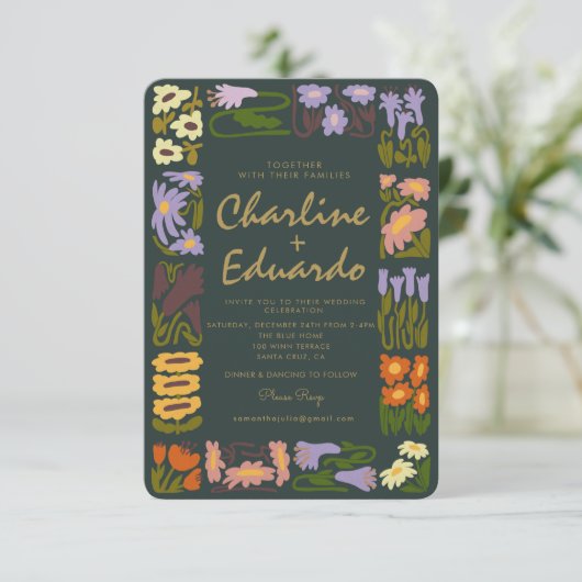 Retro golvende bloemrijke kleurrijke trouw uitnodi kaart (Staand voorkant)