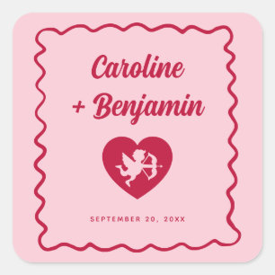 Retro Golvende Frame Rode Roze Cupido Hart Trouw Vierkante Sticker